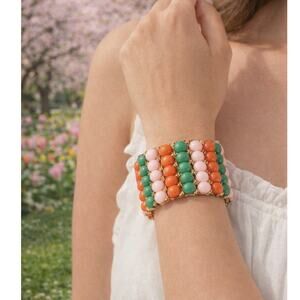 Vintage beaded statement bracelet multi color beads gold tone boho jewelry